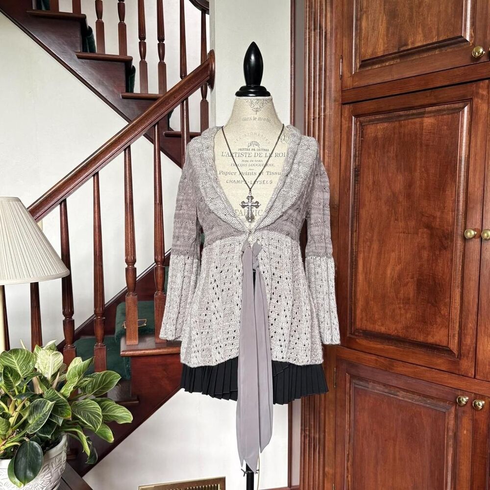 Liz Claiborne Tie Front Grey and White Sweater Cardigan Wrap Vintage 90s